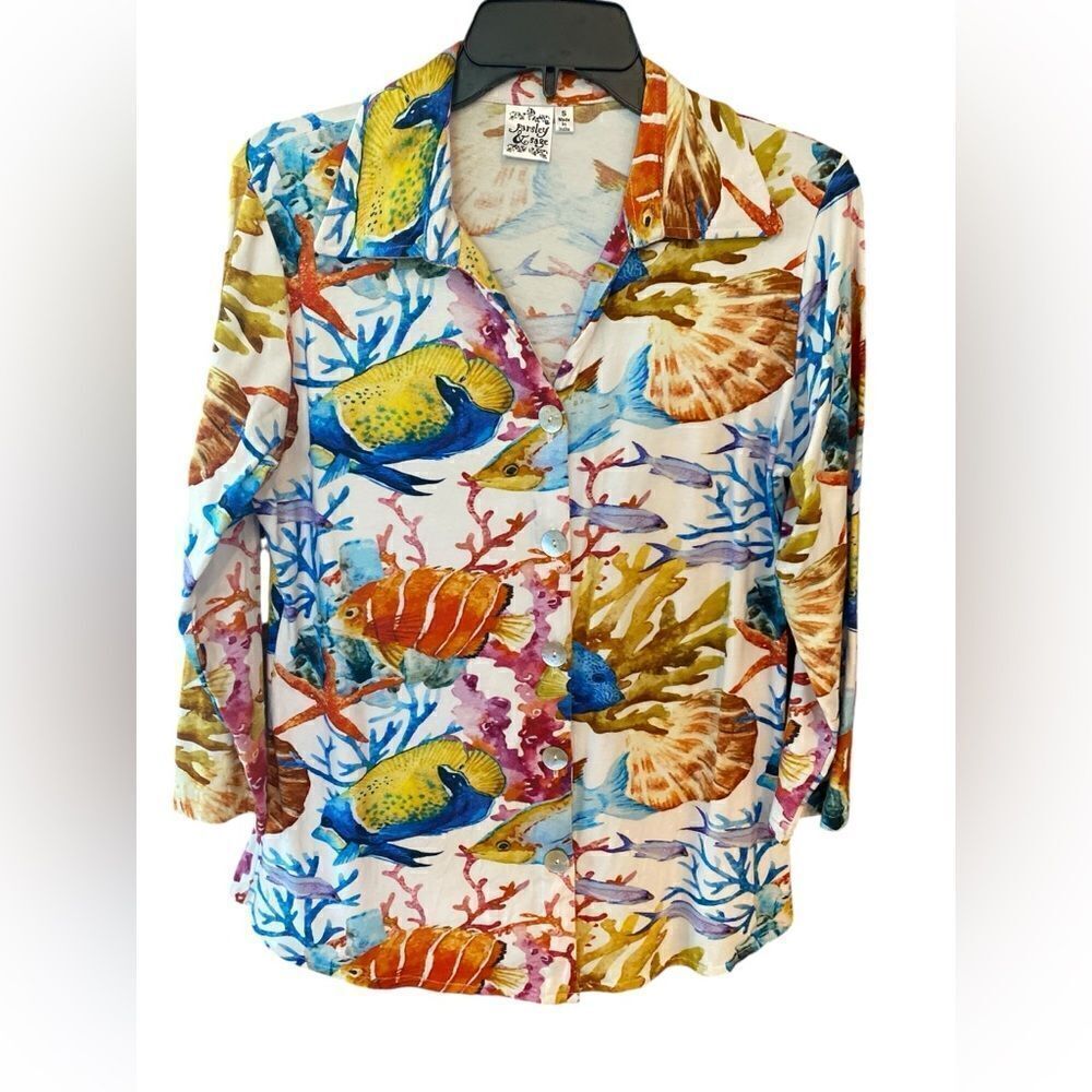 Parsley & Sage Sz S Tropical Underwater Fish Print Artistic Collar Button Shirt
